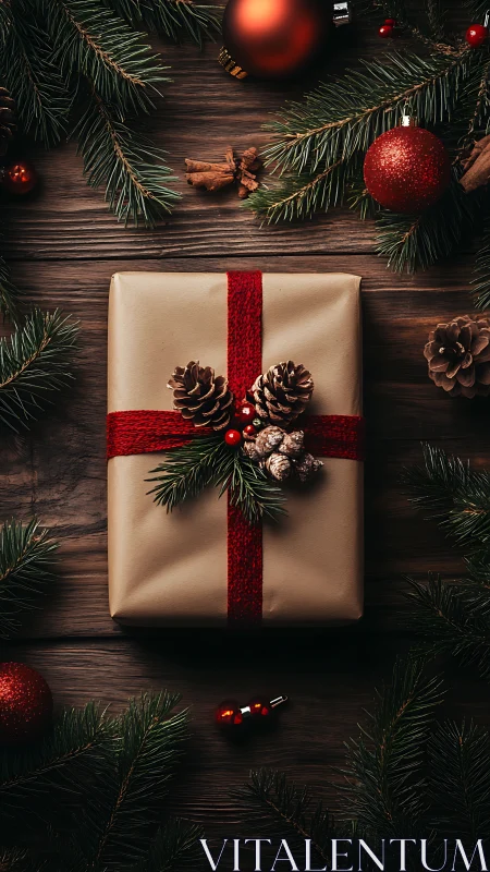 Wrapped Christmas gift on rustic wooden table top.