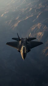 Stealth jet aircraft in high-altitude flight over terrain.