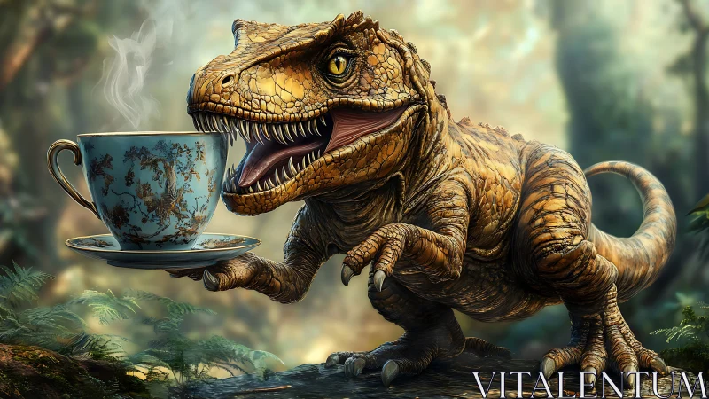 Teatime with a Tiny T-Rex in an Enchanted Forest Setting.