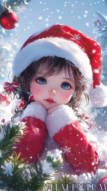 Anime child in red Santa outfit amid snow and pine branches.