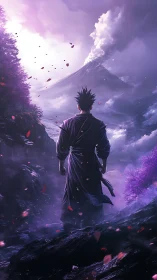 Lone robed figure facing distant smoking volcano peak.