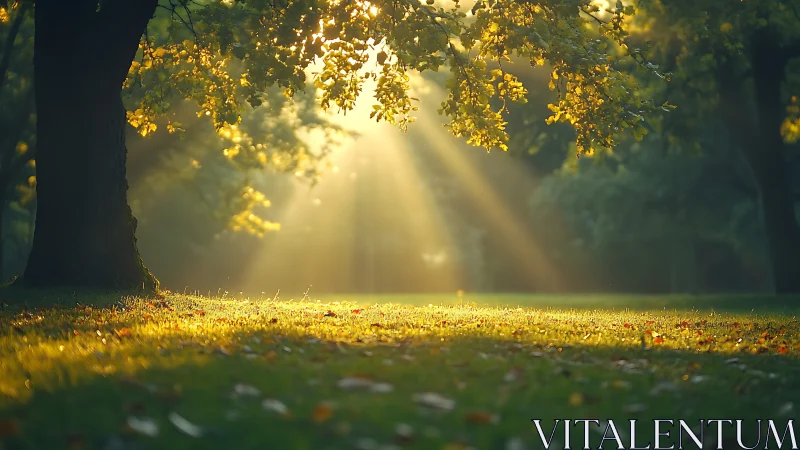 Gentle sunbeams drifting through a quiet morning grove.