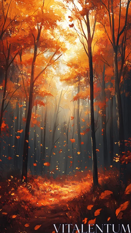 Forest path with autumn foliage under atmospheric light