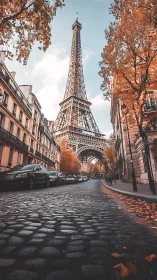 Eiffel Tower framed by autumn Parisian street perspective.