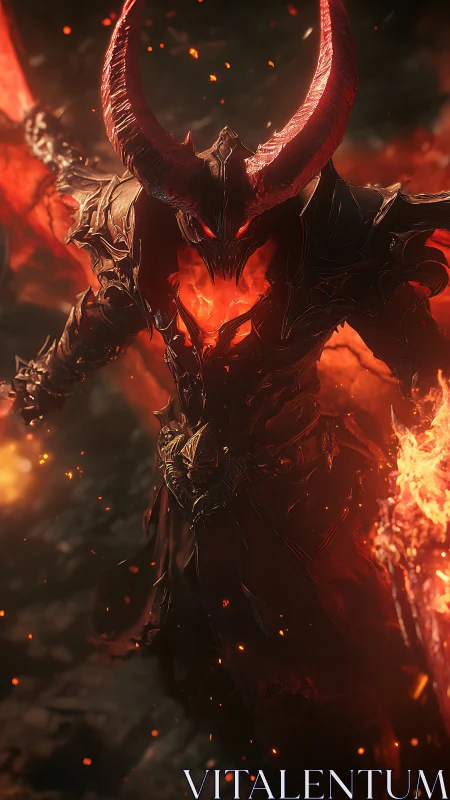 Horned inferno warlord strides from molten shadows roaring