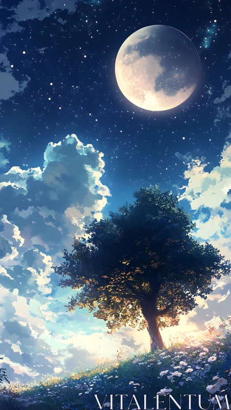 Moonwashed meadow tree dreaming between day and starlight.