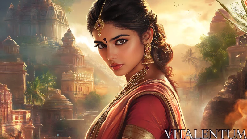 Digital portrait of Indian woman in ornate temple setting.