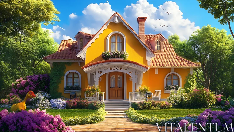 Sunlit storybook cottage glowing in a blooming garden haven.