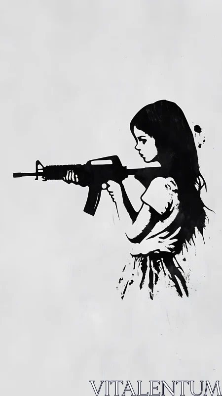 Silhouette of young girl holding rifle in profile view.