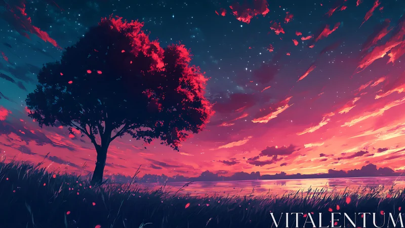 Solitary tree stands by reflective water under vivid dusk sky