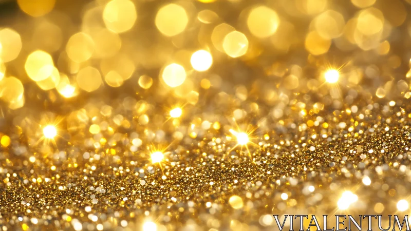 Defocused macro view of golden glitter and light points.