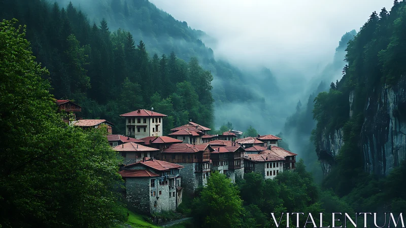 Mountain monastery complex sits in misty forested gorge