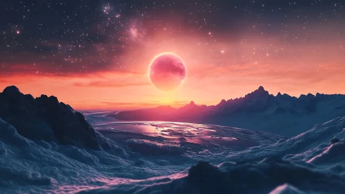 Dreamy alien sunrise over a tranquil frozen landscape.