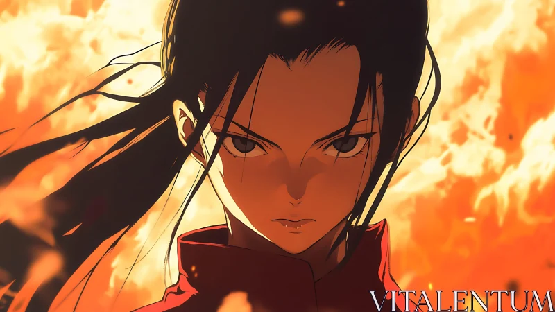 Fierce anime heroine standing strong in a storm of fire.