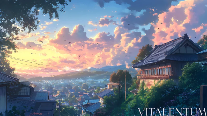 Gentle hilltop sunset over a quiet Japanese village street.