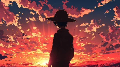 Silhouetted figure in straw hat studies saturated red ocean sunset