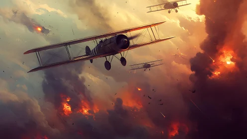 World War biplanes cut diagonally through incendiary cloud banks