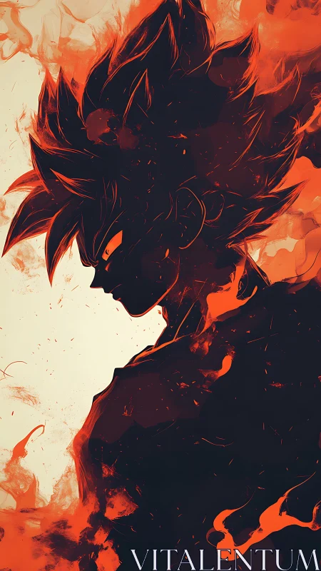 Fiery anime warrior silhouette emerges in swirling embers.
