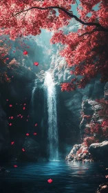 Dreamy crimson forest waterfall in a tranquil hidden cove.