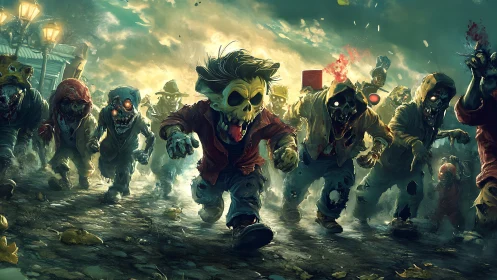 Horde of stylized zombies advancing on a dark urban street.