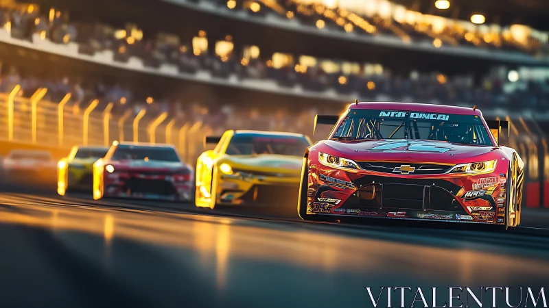 Stock cars advance along banked oval track under stadium lights