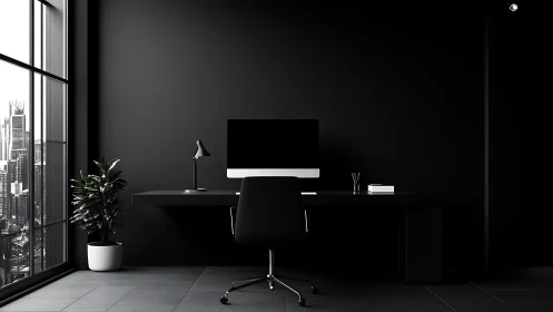 Monochrome workstation overlooking high-rise urban skyline.