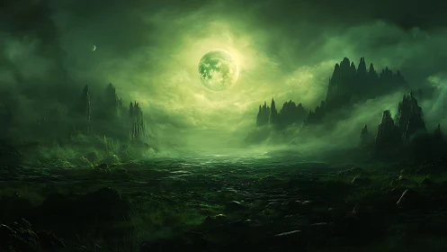Enchanted green moonlit valley wrapped in dreamy mist.
