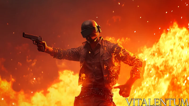 Armed figure in fiery environment with tactical gear.