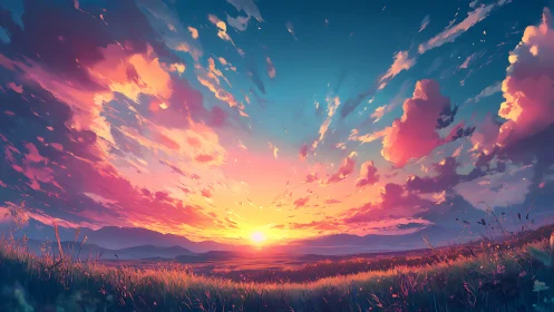 Wide-angle digital sunset sky with saturated volumetric cloudscape