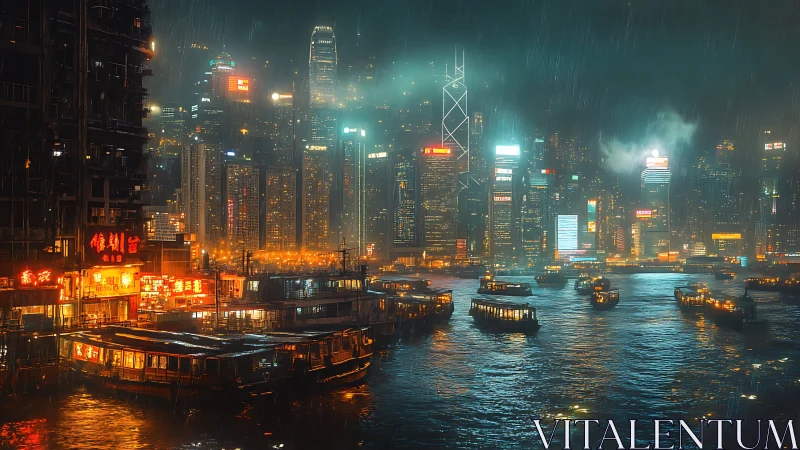 Rain-soaked neon harbor city with glowing skyline reflections.