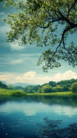 Tranquil forest lake reflects bright summer tree canopy