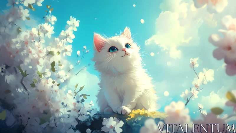 White Kitten Among Blossoms in Turquoise Ambiance.