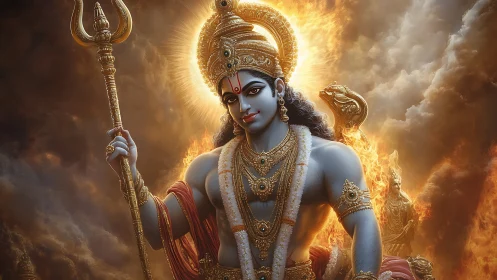 Radiant warrior deity amid blazing celestial storm clouds.