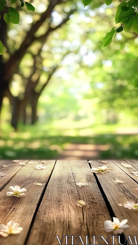 Weathered wood deck holds spring blossoms under soft bokeh.