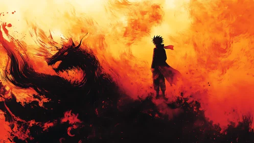 Flameborn warrior bargains with a shadow dragon in burning dusk