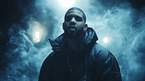 Moody portrait captures a lone figure in swirling blue haze