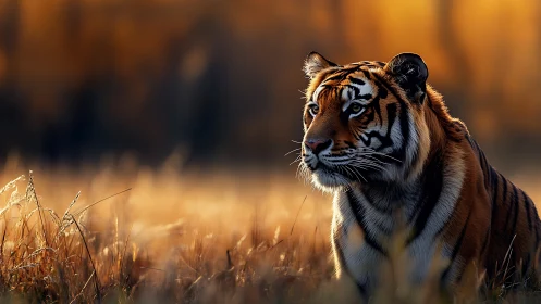 Solitary tiger in golden backlit grassland at dusk.