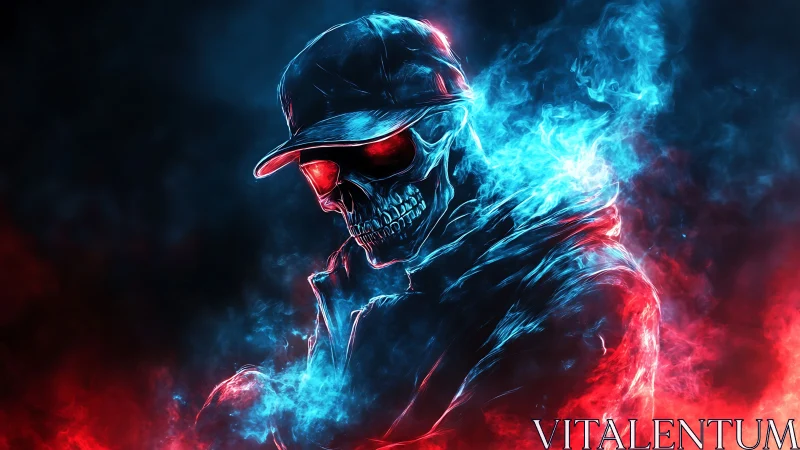 Neon flame skull in hooded jacket with blue red smoke.