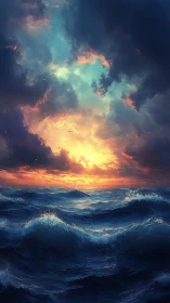 Stormy ocean waves roll under turbulent sunset sky