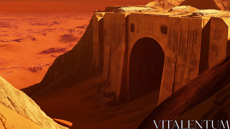 Sunlit Martian gateway carved deep into rust-red cliffs.