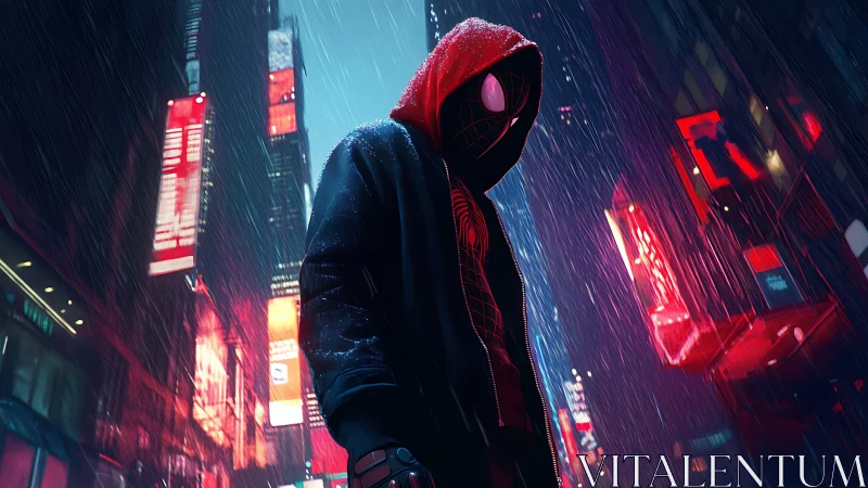 Cyberpunk hooded hero in neon-soaked rainy megacity streets.