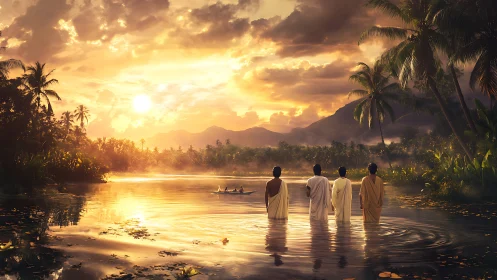 Golden sunrise bathes river pilgrims in peaceful morning light