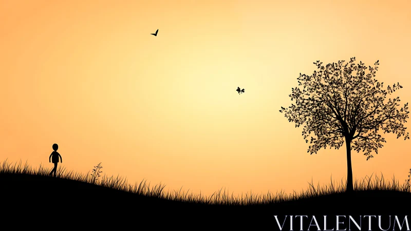 Minimalist child silhouette under lone tree at sunset gradient