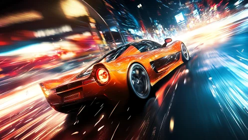 Orange hypercar races through neon city light trails at speed.