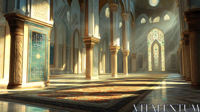 Sunlit mosaic hall filled with quiet golden arches.