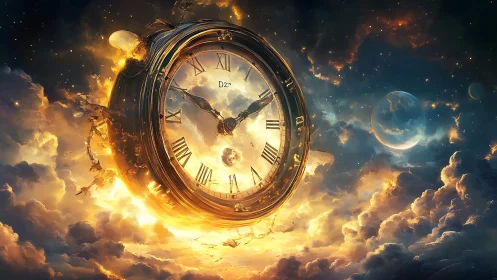 Cosmic clock twists through burning clouds and twilight void.