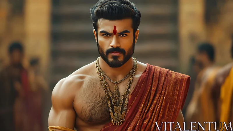 Warrior prince portrait in ornate traditional attire.