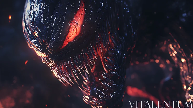 Ferocious alien creature bares razor fangs in molten glow.