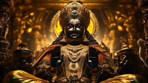 Golden Hindu deity statue with ornate jewelry in shrine.
