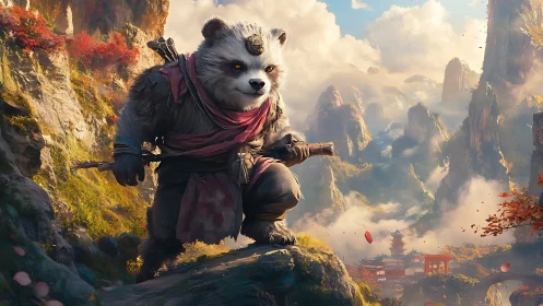 Anthropomorphic panda warrior surveys misty wuxia mountainscape